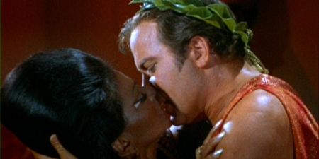 Uhura and Kirk kiss, sending a shock through the sixties